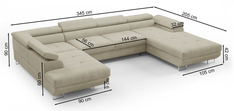 Ecksofa mit Schlaffunktion Nollia, U-förmig, linksseitig, mit verstellbaren Kopfstützen und zwei Stauraumfächern, olivfarbenes Bouclé