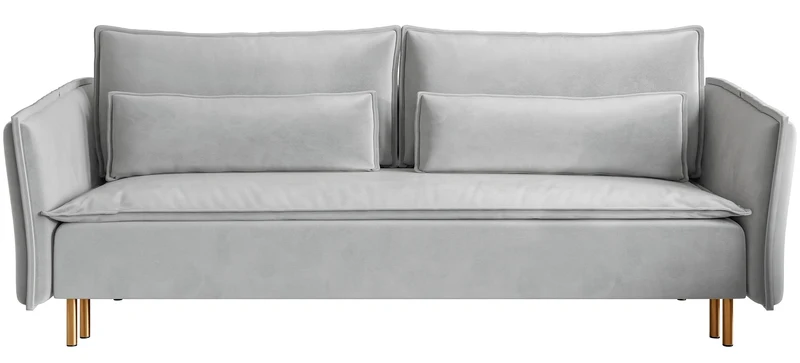 Dreisitziges ausklappbares Sofa Ummo mit Stauraum, hellgrauer wasserabweisender Velours, goldene Beine