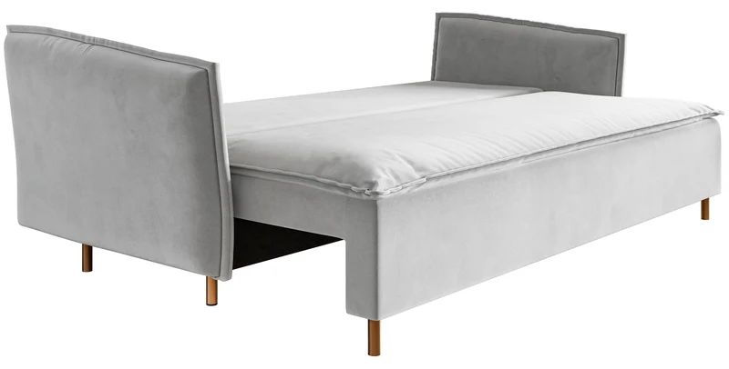 Dreisitziges ausklappbares Sofa Ummo mit Stauraum, hellgrauer wasserabweisender Velours, goldene Beine