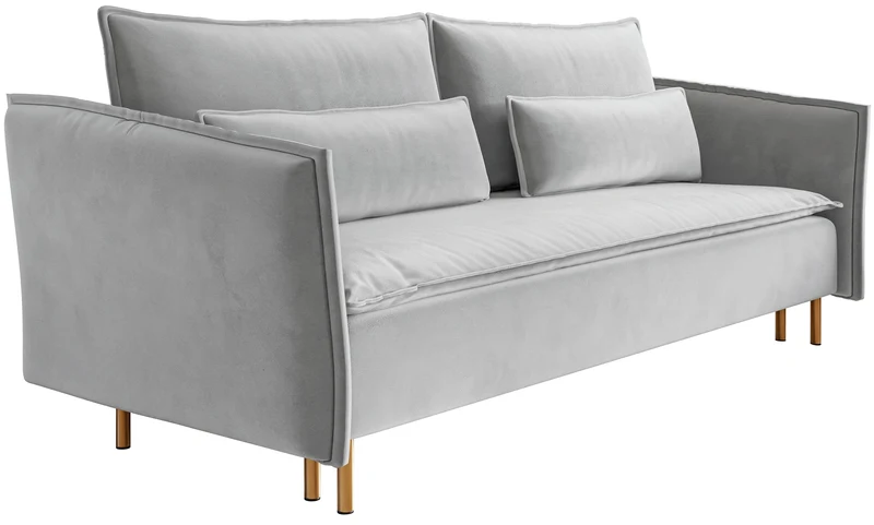 Dreisitziges ausklappbares Sofa Ummo mit Stauraum, hellgrauer wasserabweisender Velours, goldene Beine