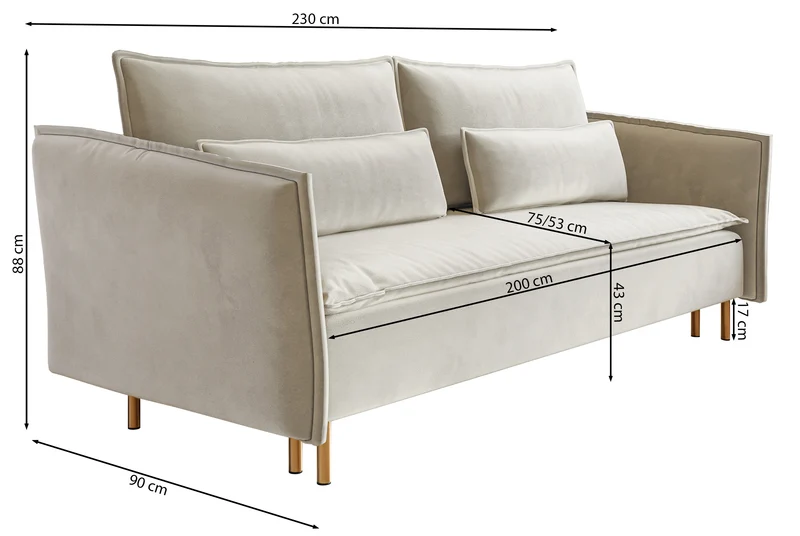Dreisitziges Schlafsofa Ummo mit Stauraum, rosa Velours, wasserabweisend, goldene Beine