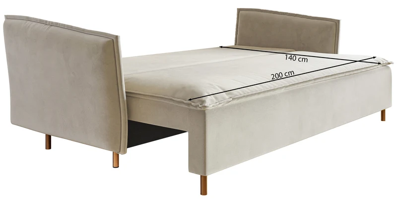 Dreisitziges Schlafsofa Ummo mit Stauraum, rosa Velours, wasserabweisend, goldene Beine