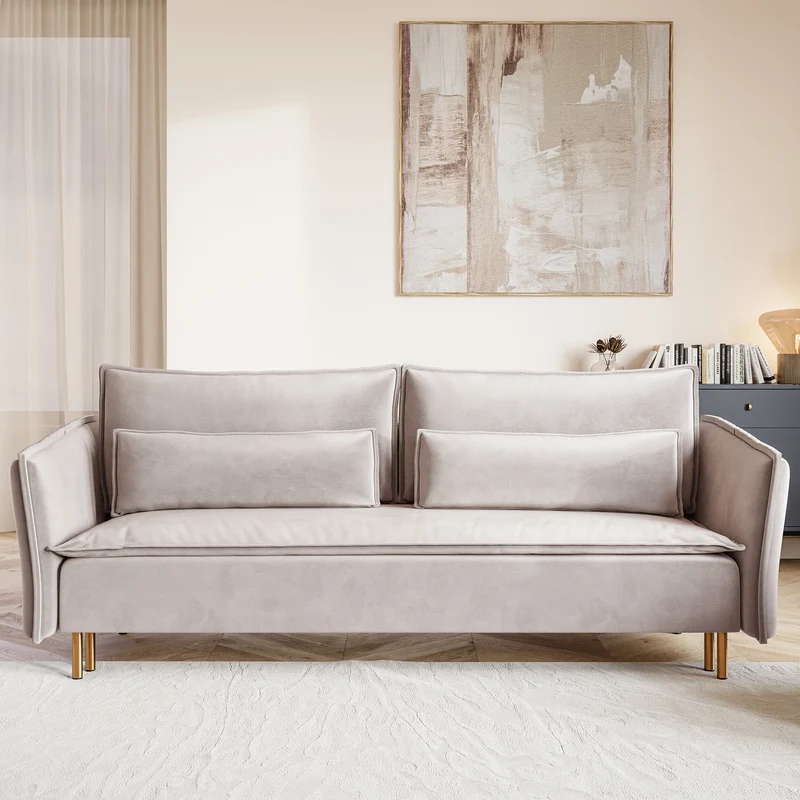 Dreisitziges ausklappbares Sofa Ummo mit Stauraum, grau-beiger hydrophober Samt, goldene Beine