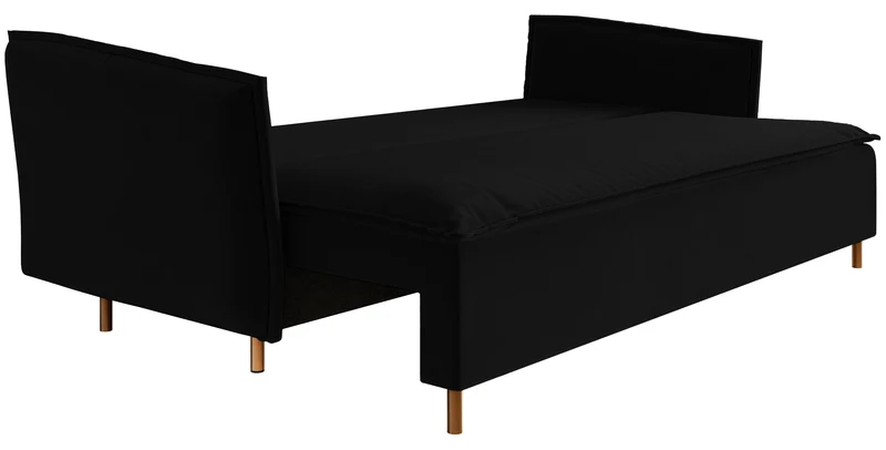 Drei-Sitzer-Schlafsofa Ummo mit Stauraum, schwarzer hydrophober Samt, goldene Beine