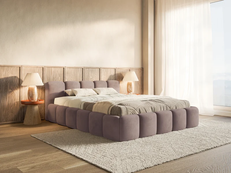 Gepolstertes Bett 120x200 cm Cloudy Low mit Stauraum, Metallrahmen, hellrosa Velours, wasserabweisend und pflegeleicht