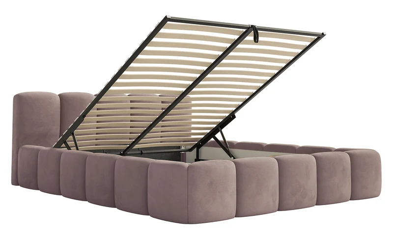 Gepolstertes Bett 120x200 cm Cloudy Low mit Stauraum, Metallrahmen, hellrosa Velours, wasserabweisend und pflegeleicht