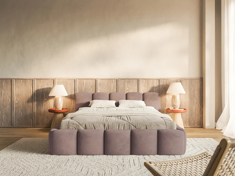 Gepolstertes Bett 120x200 cm Cloudy Low mit Stauraum, Metallrahmen, hellrosa Velours, wasserabweisend und pflegeleicht