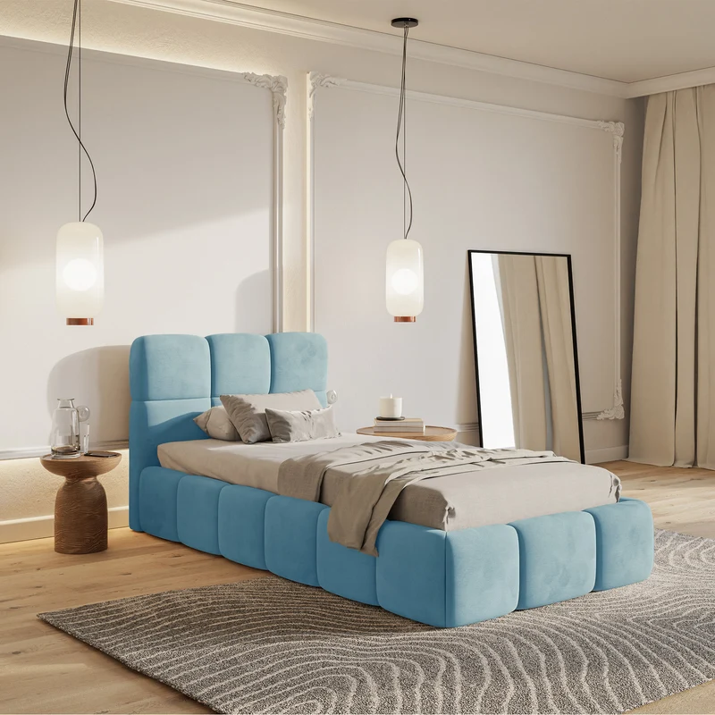Gepolstertes Bett 90x200 cm Cloudy hellblauer Velours, wasserabweisend und leicht zu reinigen