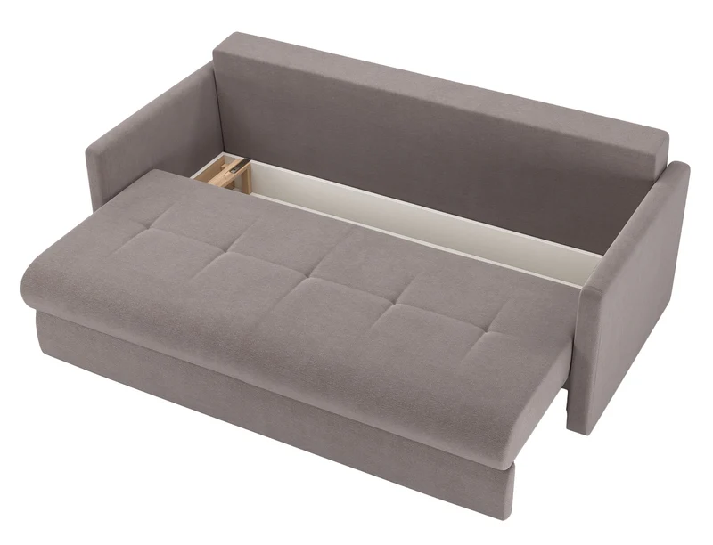 Dreisitziges ausklappbares Sofa Lorro mit Stauraum, hellbraunes Chenille