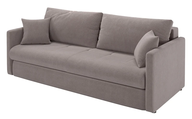 Dreisitziges ausklappbares Sofa Lorro mit Stauraum, hellbraunes Chenille