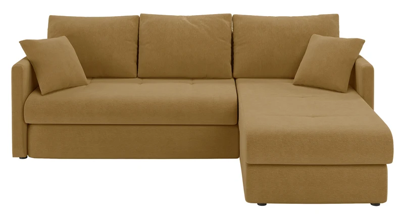 Ecksofa mit Schlaffunktion Lorro, L-förmig, universell, mit zwei Stauraumfächern, senfgelber Chenille-Bezug
