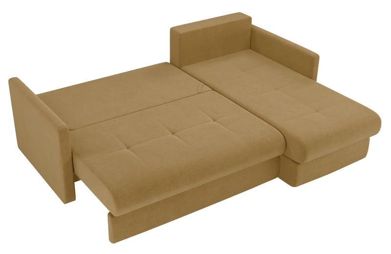 Ecksofa mit Schlaffunktion Lorro, L-förmig, universell, mit zwei Stauraumfächern, senfgelber Chenille-Bezug