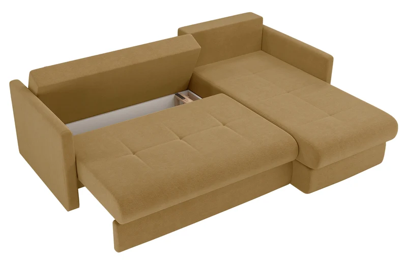 Ecksofa mit Schlaffunktion Lorro, L-förmig, universell, mit zwei Stauraumfächern, senfgelber Chenille-Bezug