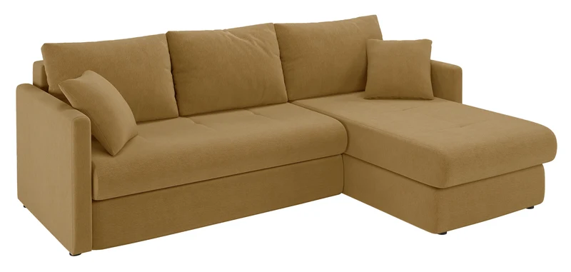 Ecksofa mit Schlaffunktion Lorro, L-förmig, universell, mit zwei Stauraumfächern, senfgelber Chenille-Bezug