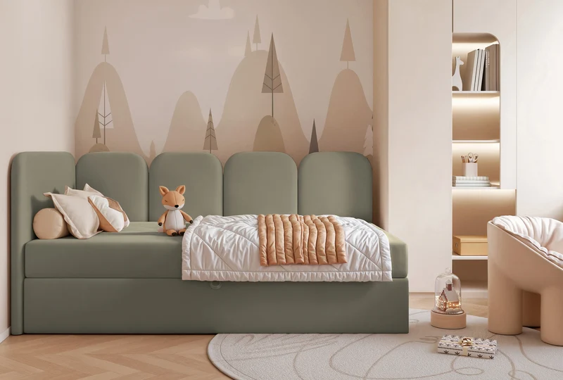 Jugendbett 90x200 cm Nubini linksseitig mit Stauraum, salbeigrüner Velours, wasserabweisend
