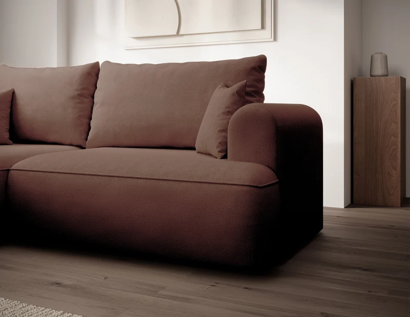 Ecksofa mit Schlaffunktion Ovo Mini, L-förmig, linksseitig, kupferfarben, pflegeleichter Chenille-Stoff