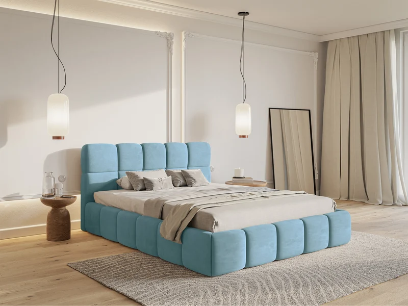 Gepolstertes Bett 120x200 cm Cloudy mit Stauraum, Metallrahmen, hellblauer Velours, wasserabweisend und pflegeleicht