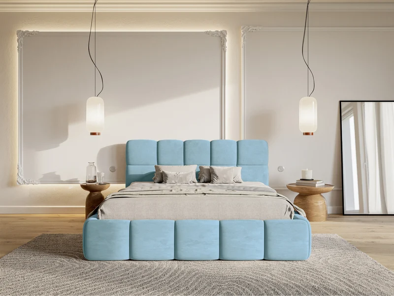 Gepolstertes Bett 120x200 cm Cloudy mit Stauraum, Metallrahmen, hellblauer Velours, wasserabweisend und pflegeleicht