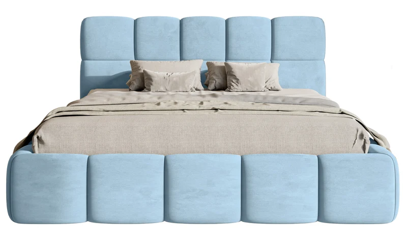 Gepolstertes Bett 120x200 cm Cloudy mit Stauraum, Metallrahmen, hellblauer Velours, wasserabweisend und pflegeleicht