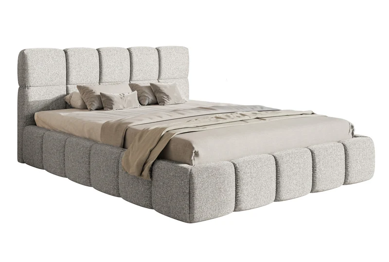 Gepolstertes Bett 120x200 cm Cloudy mit Stauraum, Metallrahmen, hellgrauer hydrophober Chenille