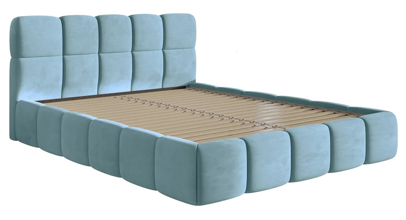 Gepolstertes Bett 120x200 cm Cloudy, hellblauer Velours, wasserabweisend und pflegeleicht