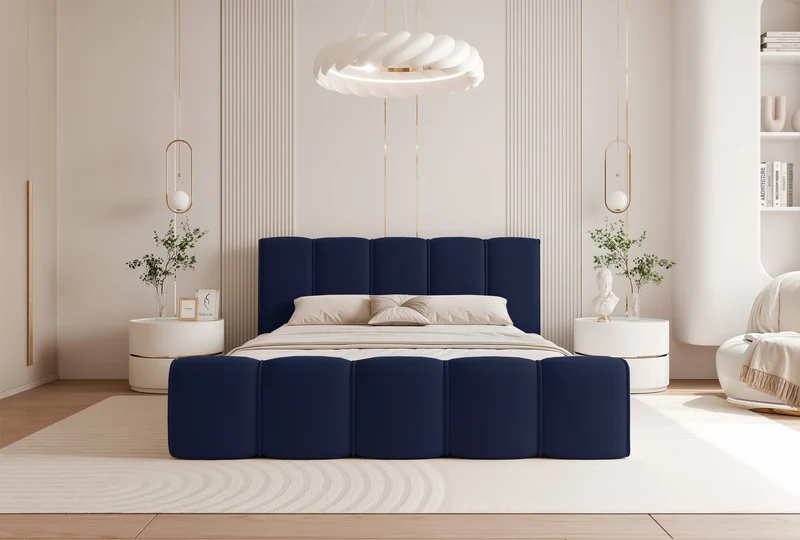 Gepolstertes Bett 160x200 cm Moenne mit Stauraum, Metallrahmen, marineblauer hydrophober Samt