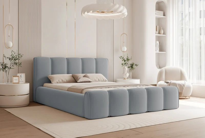 Polsterbett 140x200 cm Moenne mit Stauraum, Metallrahmen, grauer hydrophober Samt