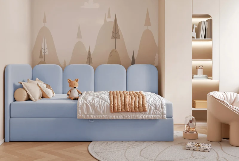 Jugendbett 90x200 cm Nubini linksseitig mit Stauraum, hellblauer wasserabweisender Samt