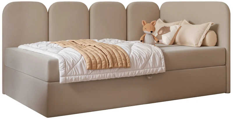 Jugendbett 90x200 cm Nubini, rechtsseitig, mit Stauraum, beige Velours, wasserabweisend