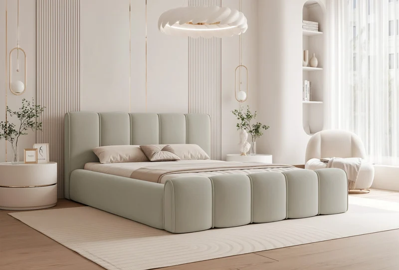 Polsterbett 180x200 cm Moenne mit Stauraum, Metallrahmen, beige Velours, wasserabweisend