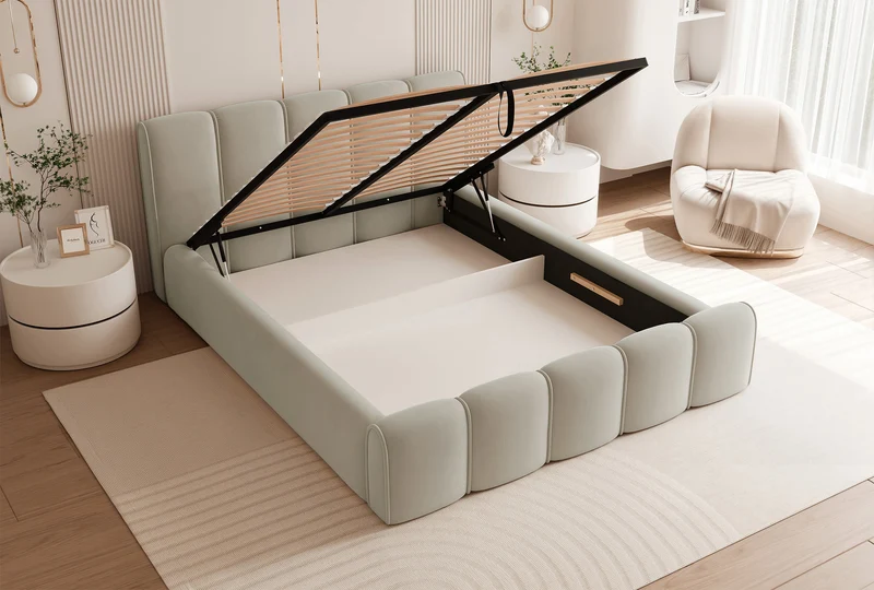 Polsterbett 180x200 cm Moenne mit Stauraum, Metallrahmen, beige Velours, wasserabweisend