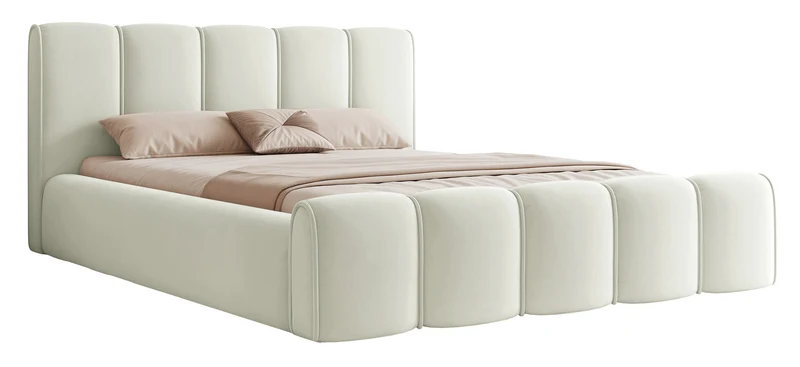 Polsterbett 180x200 cm Moenne mit Stauraum, Metallrahmen, cremefarbener hydrophober Samt