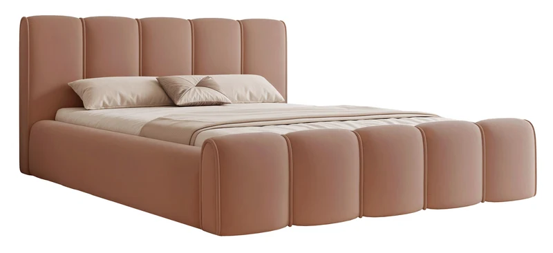 Gepolstertes Bett 160x200 cm Moenne mit Stauraum, Metallrahmen, lachsfarbener, wasserabweisender Samt