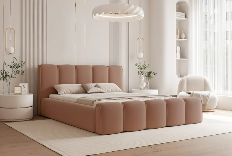 Gepolstertes Bett 160x200 cm Moenne mit Stauraum, Metallrahmen, lachsfarbener, wasserabweisender Samt