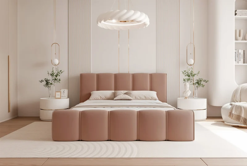 Gepolstertes Bett 160x200 cm Moenne mit Stauraum, Metallrahmen, lachsfarbener, wasserabweisender Samt