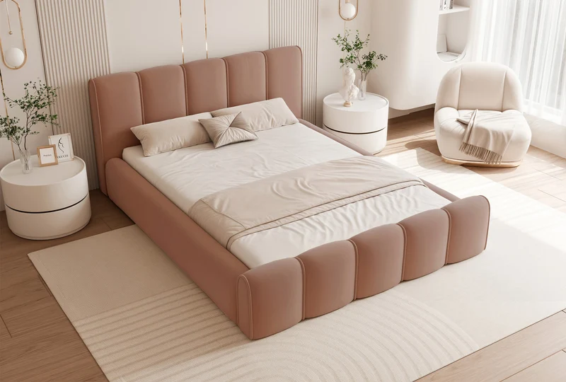 Gepolstertes Bett 160x200 cm Moenne mit Stauraum, Metallrahmen, lachsfarbener, wasserabweisender Samt
