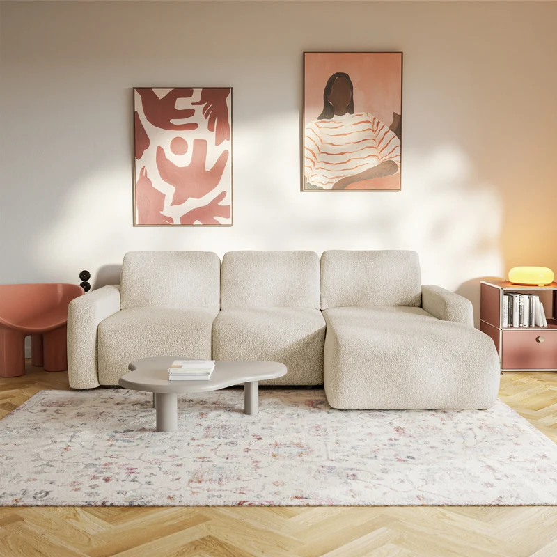 Ecksofa mit Schlaffunktion Carnos Mini, L-förmig, rechtsseitig, hellbeige Chenille