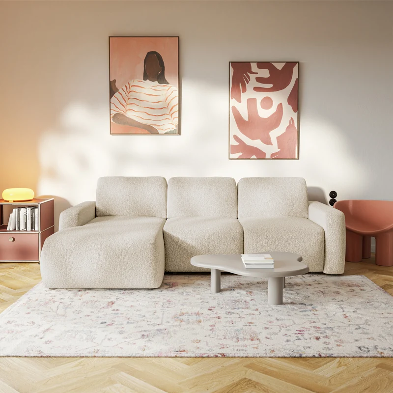 Ecksofa mit Schlaffunktion Carnos Mini, L-förmig, linksseitig, hellbeige Chenille