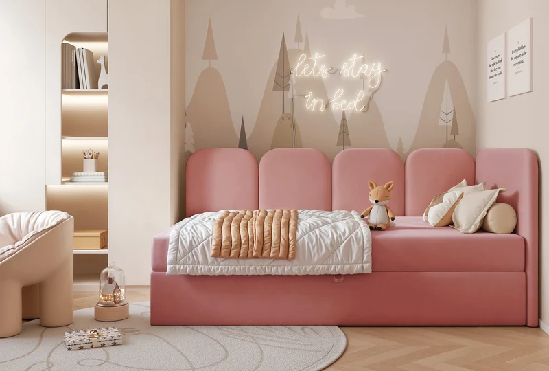 Jugendbett 90x200 cm Nubini rechtsseitig mit Stauraum rosa Velours wasserabweisend