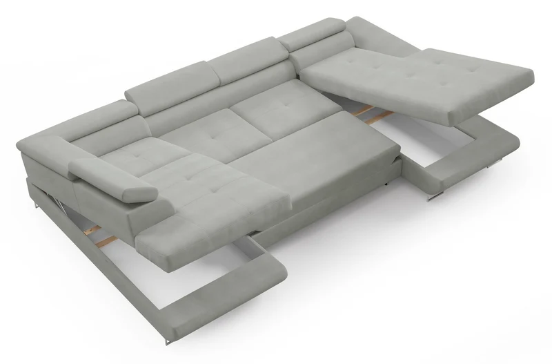 Ecksofa mit Schlaffunktion Nollia, U-förmig, linksseitig, mit verstellbaren Kopfstützen und zwei Stauraumfächern, hellgrauer Bouclé-Stoff