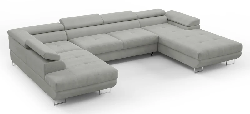 Ecksofa mit Schlaffunktion Nollia, U-förmig, linksseitig, mit verstellbaren Kopfstützen und zwei Stauraumfächern, hellgrauer Bouclé-Stoff