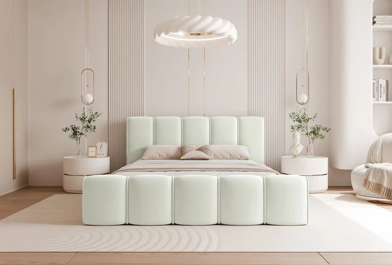 Polsterbett 160x200 cm Moenne mit Stauraum, Metallrahmen, cremefarbener Velours, wasserabweisend