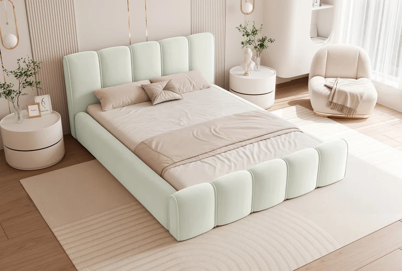 Polsterbett 160x200 cm Moenne mit Stauraum, Metallrahmen, cremefarbener Velours, wasserabweisend