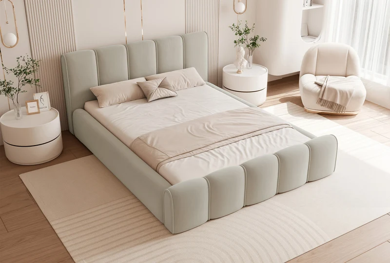 Polsterbett 160x200 cm Moenne mit Stauraum, Metallrahmen, beige Velours, wasserabweisend