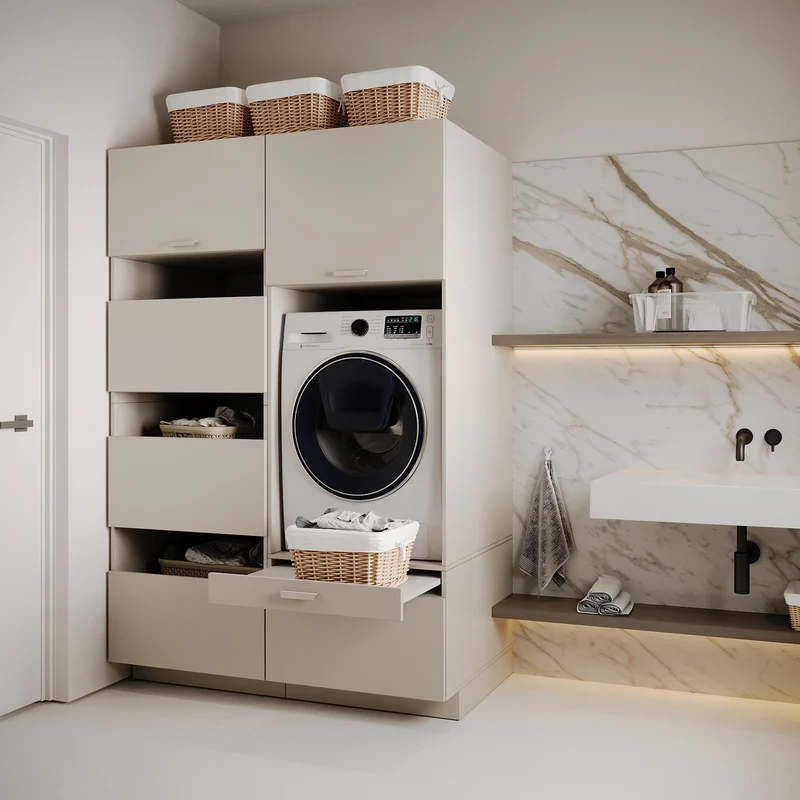 Badezimmermöbel-Set Holv mit einem Ein-Kammer-Schrank für die Waschmaschine, 135 cm, Kaschmir