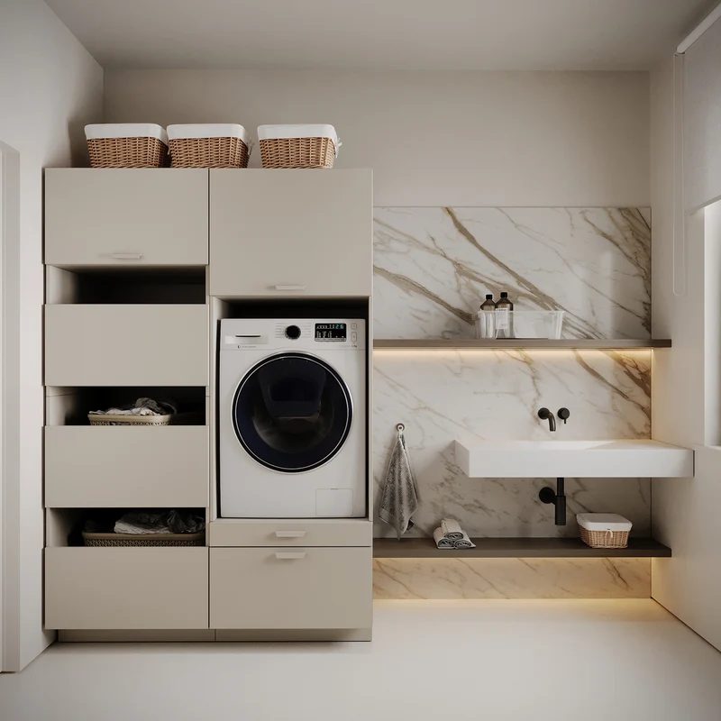 Badezimmermöbel-Set Holv mit zweikammerigem Schrank über der Waschmaschine, 135 cm, Kaschmir