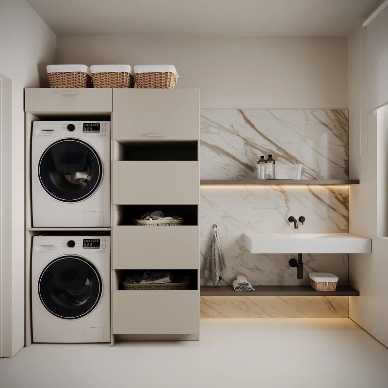 Badezimmermöbel-Set Holv mit zweikammerigem Schrank über der Waschmaschine, 135 cm, Kaschmir