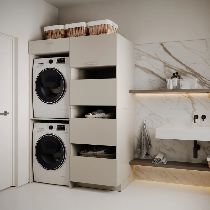 Badezimmermöbel-Set Holv mit zweikammerigem Schrank über der Waschmaschine, 135 cm, Kaschmir