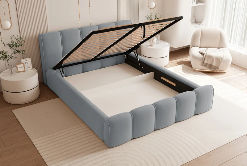 Gepolstertes Bett 160x200 cm Moenne mit Stauraum, Metallrahmen, grauer hydrophober Samt
