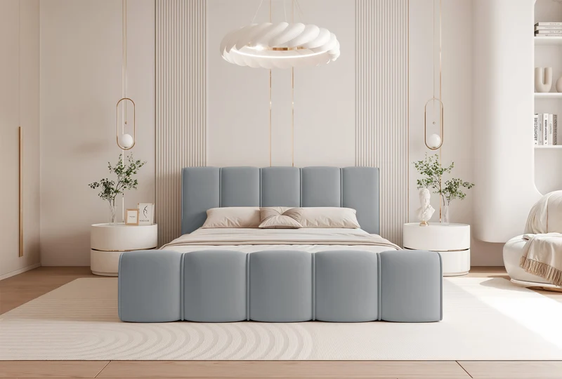 Gepolstertes Bett 160x200 cm Moenne mit Stauraum, Metallrahmen, grauer hydrophober Samt
